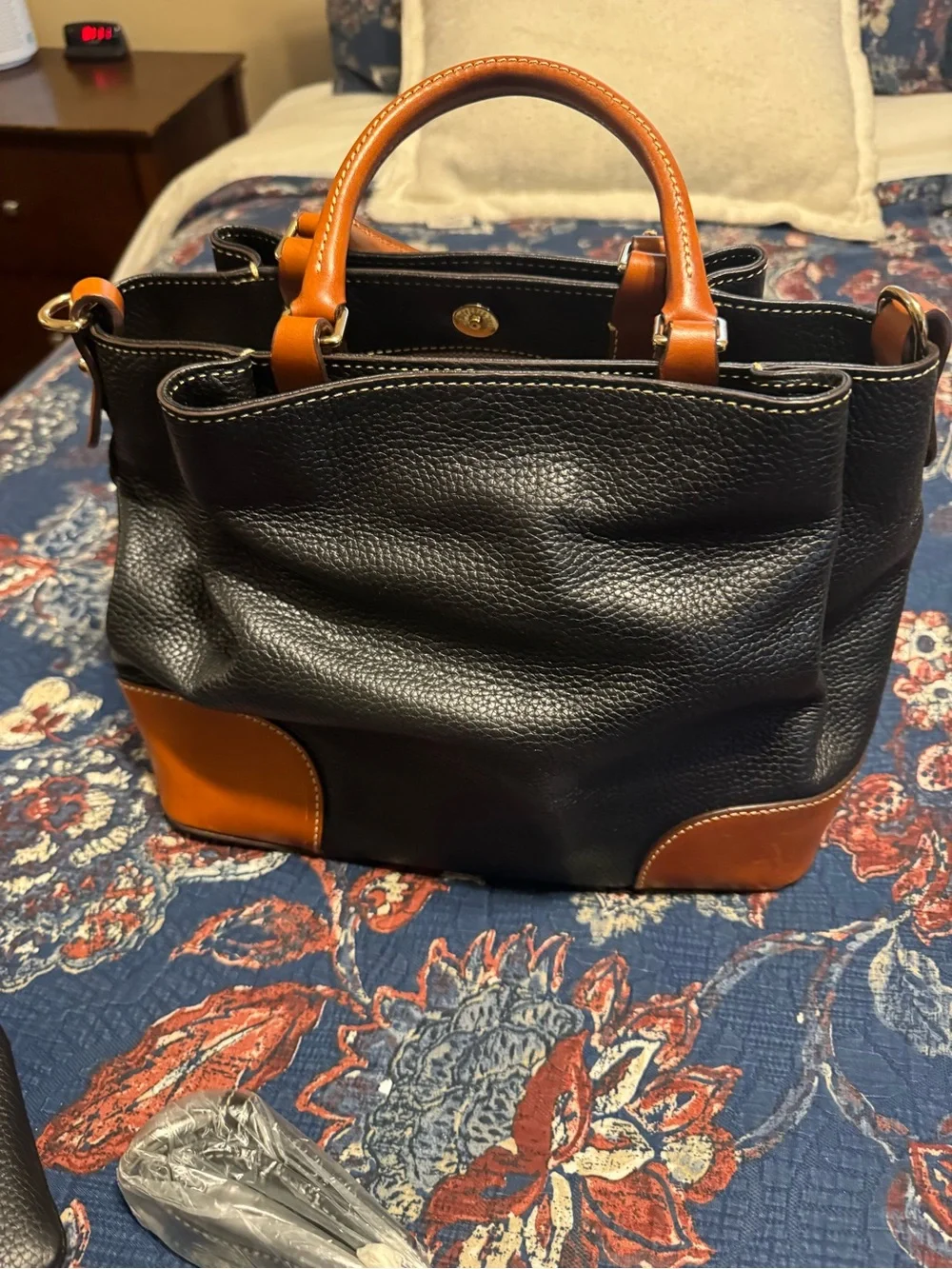 Dooney & Bourke Black Pebbled Leather Satchel with Brown Trim